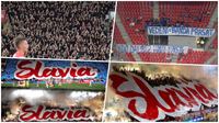 Jak vypad Slavia v jednom ohni? Samozejm skvle - jako vdycky! Tribuna Sever dorazila v ernm. V sektoru Olomouce npisy, kter splaj veden hanckho klubu...